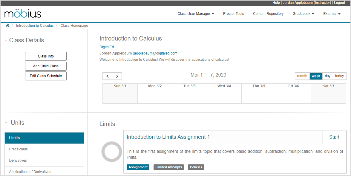 Navigate the instructor Class Homepage