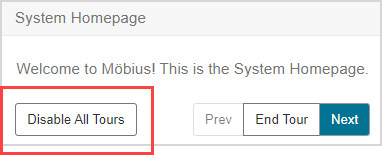The Disable All Tours button is highlighted in a sample User Tour message.