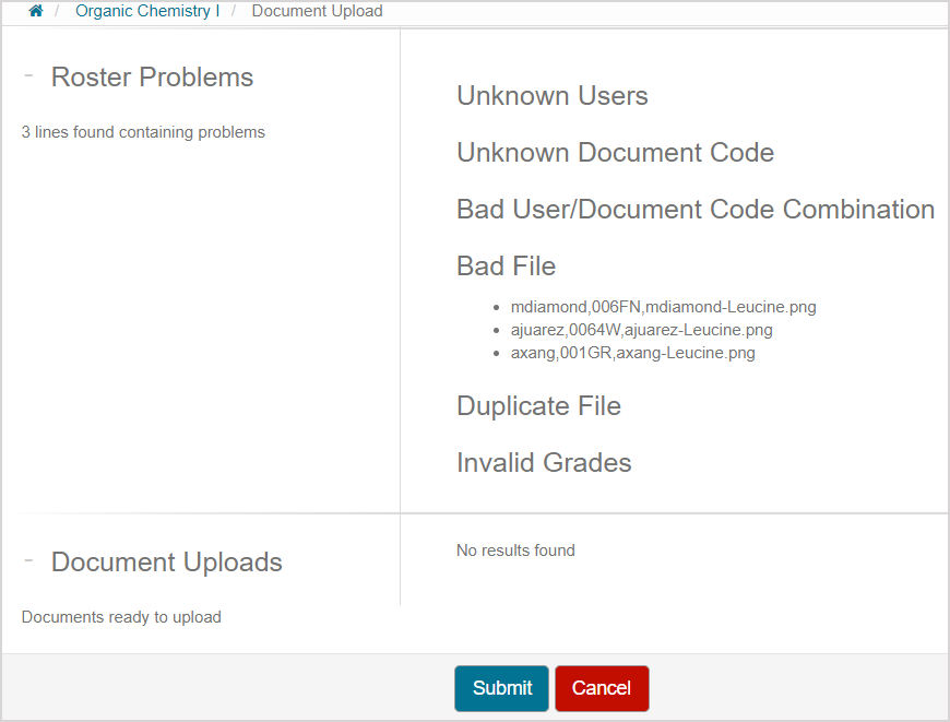Bulk upload of student responses to document upload questions