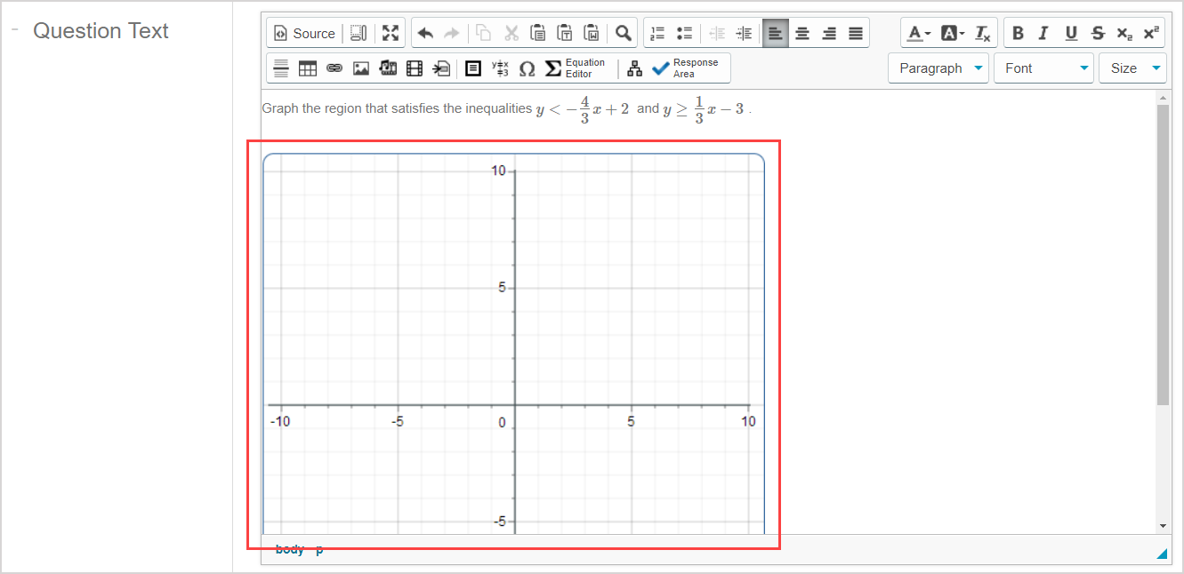 The sketch student response component is shown inserted below the question statement in the Question Text pane of the Question Editor.