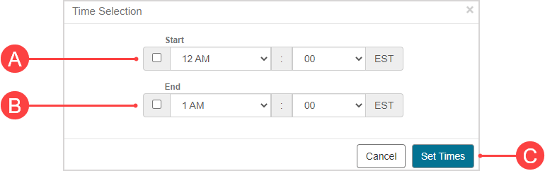 The Time Selection window with letter labels for different features.