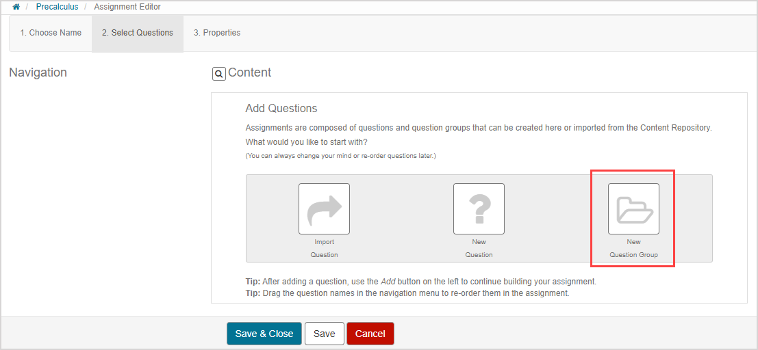 Create a question group for an assignment