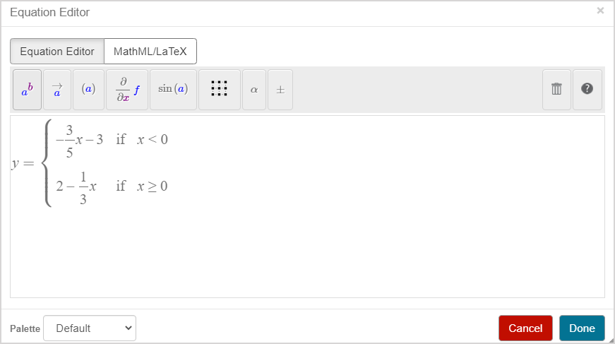 A piecewise function is defined in the Equation Editor.