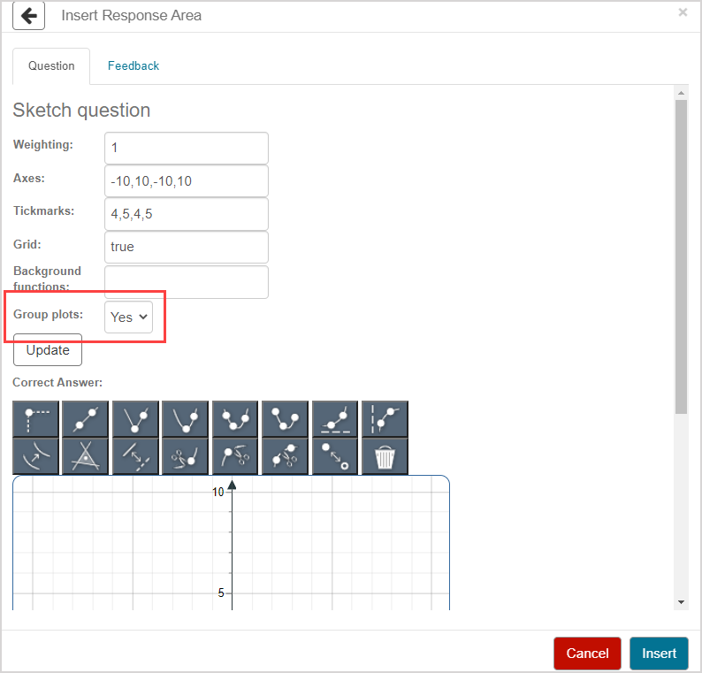 The default sketch student response component properties are used with the group plots setting set to yes.