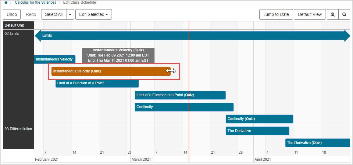 Cursor click and drag on right end of a selected activity changes only the end date in Class Schedule.