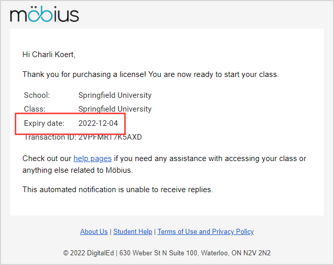 A copy of the confirmation email is shown and the expiry date is listed and highlighted.