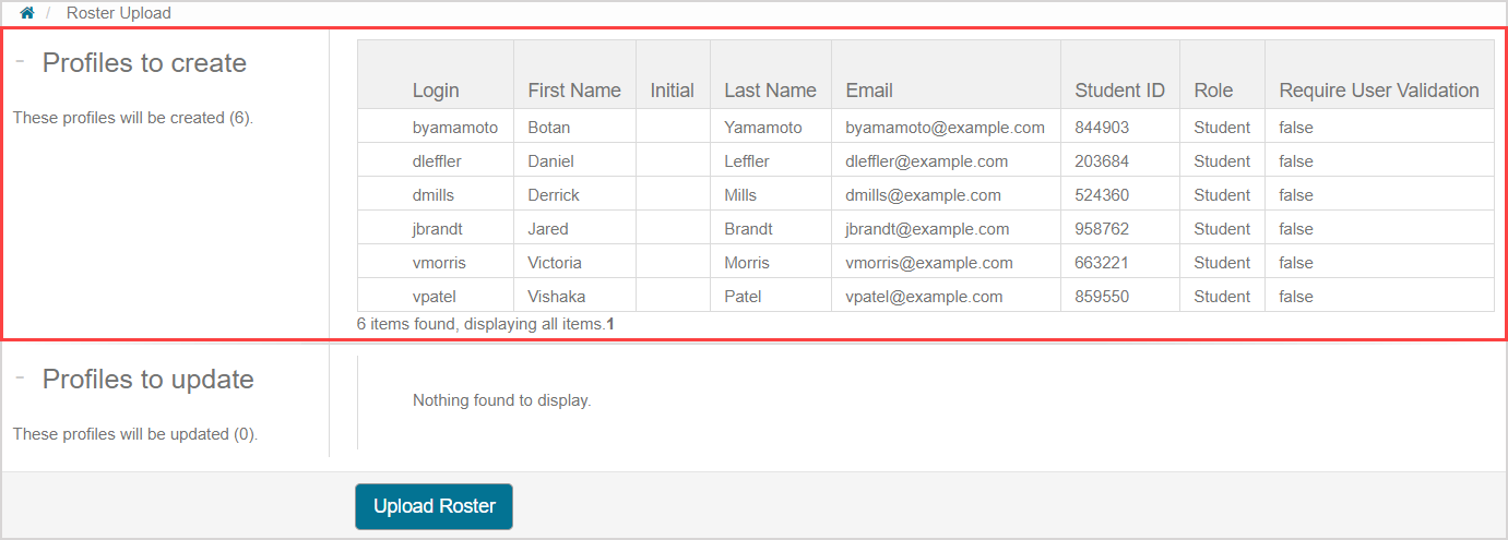 A table of users is shown in the Profiles to create pane on the Roster Upload page.