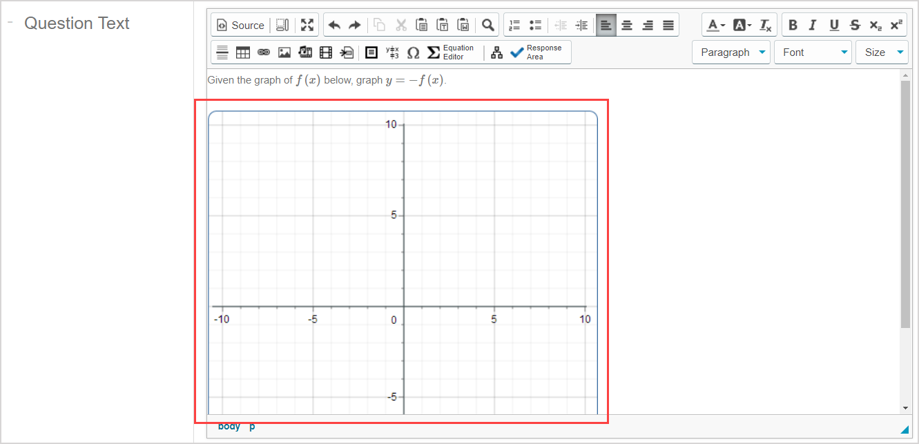 The sketch student response component is shown inserted below the question statement in the Question Text pane of the Question Editor.