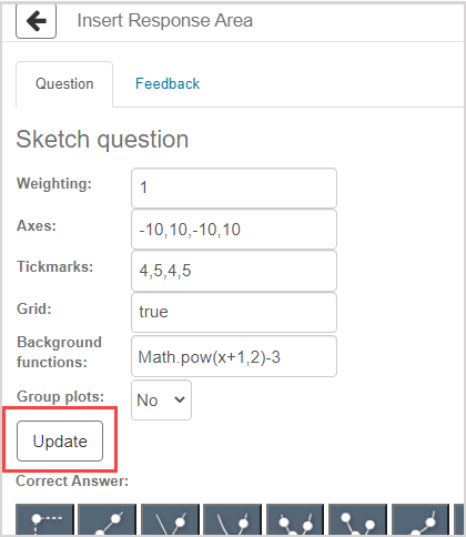 The update button is highlighted in the insert student response component modal.