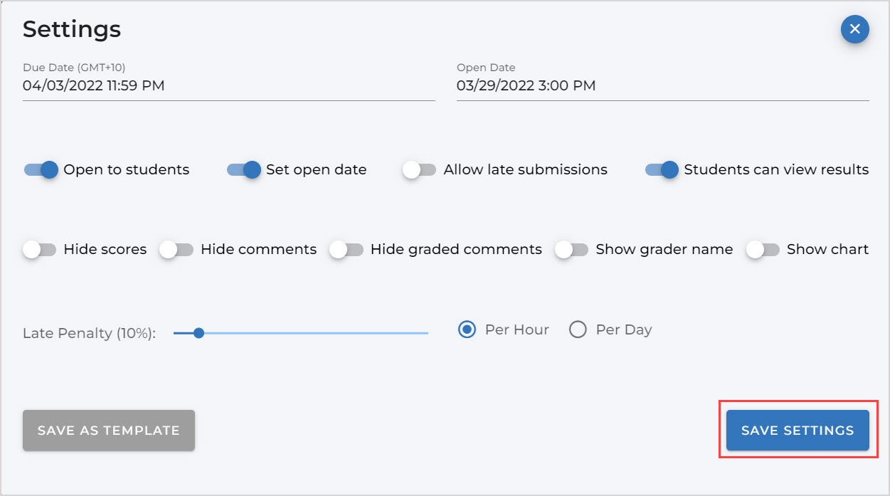 Save Setting Toggle Schedule assessments and manage feedback settings