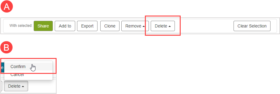 Delete subject and confirm At the bottom of the page, Delete is the sixth button. When clicking the Delete button, Confirm is highlighted in the popup menu.