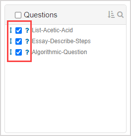 In the Questions pane, the checkboxes next to some question names are checked.