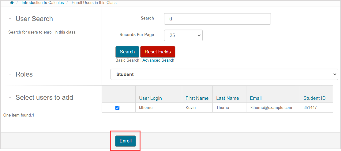 The Enrol button is after the table of search results.