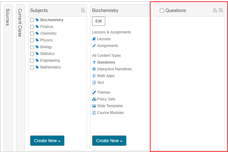 No questions in the subject Questions is chosen from the Biochemistry pane, and the Questions pane to the right is empty.