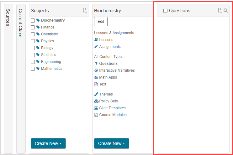 Questions is chosen from the Biochemistry pane, and the Questions pane to the right is empty.