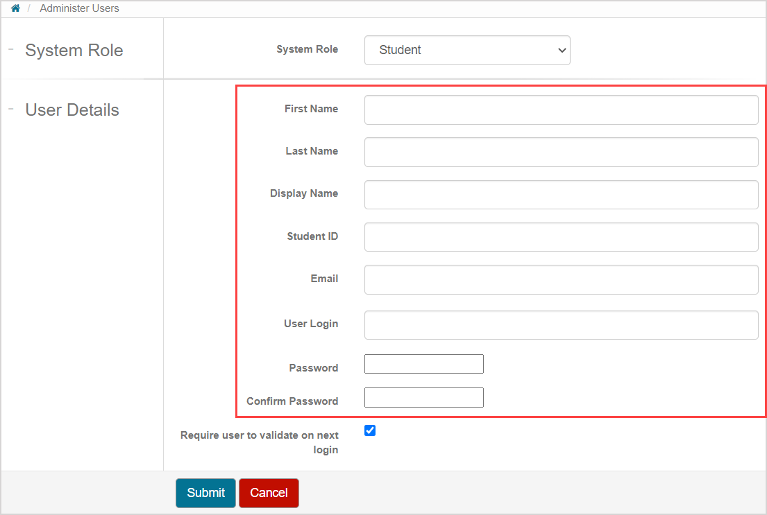 The user details fields are in the User Details pane.