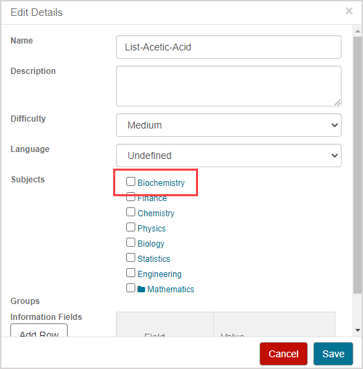 Subject list unselected All subjects are listed with empty checkboxes next to each subject in the list.
