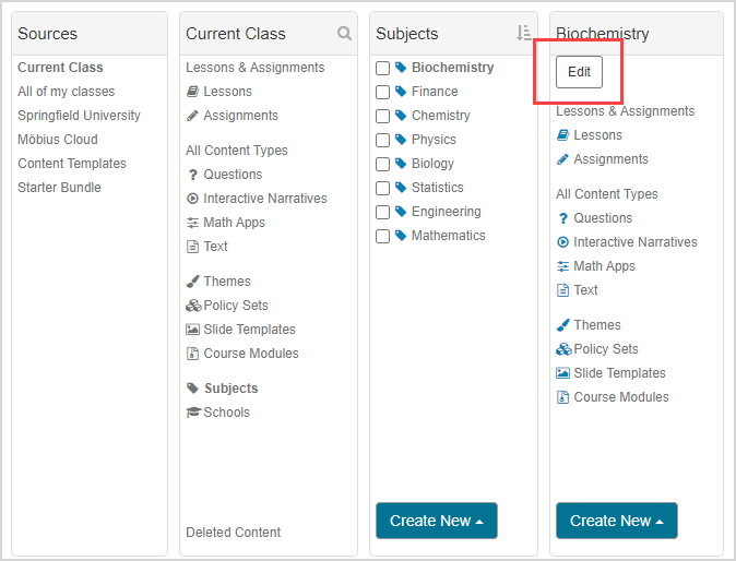 Edit Biochemistry subject name Biochemistry subject is chosen from the Subjects pane. Edit button is highlighted at the top of the Biochemistry pane to the right.