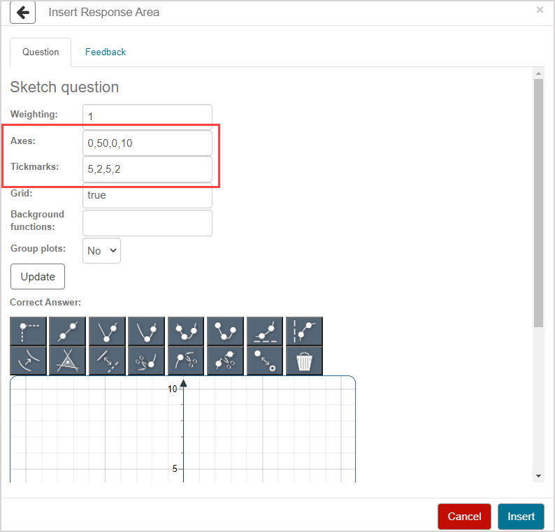 The axes and tickmarks fields are updated for this example.