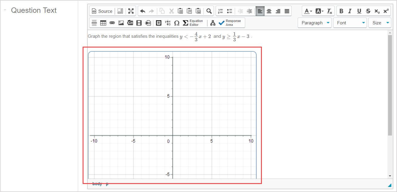 The sketch response area is shown inserted below the question statement in the Question Text pane of the Question Editor.