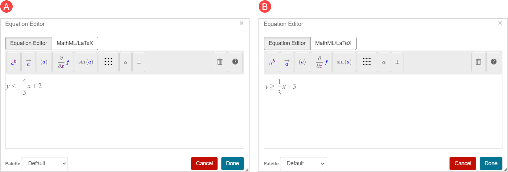 The two inequalities for the question statement are shown how they'd look when defined in the Equation Editor.