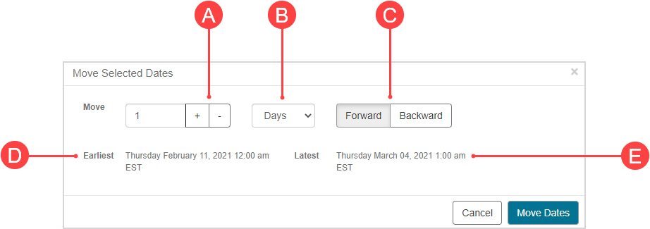 The Move Selected Dates window with letter labels for different features.
