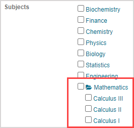 One subject is listed with an open folder icon next to its name. Underneath three more subjects are listed and highlighted.