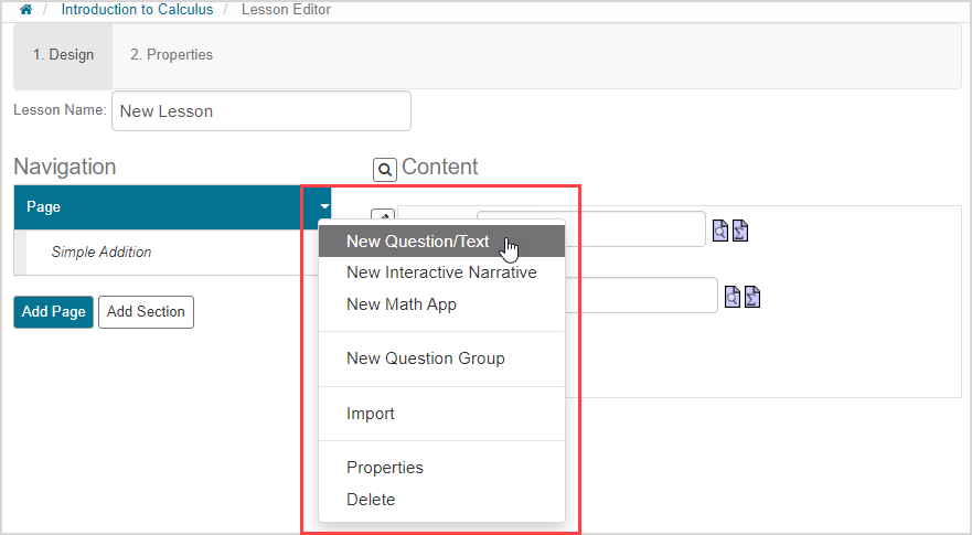 The New Question/Text menu option is the first option of the Page menu in the Lesson Editor.