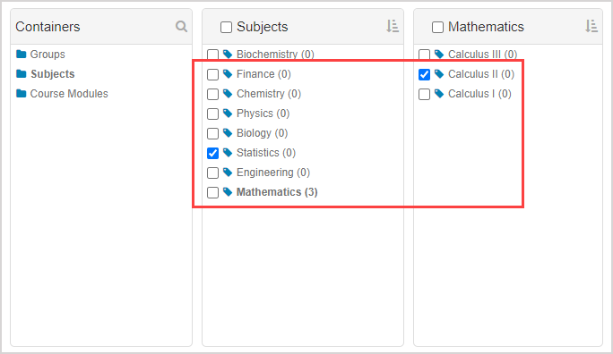 Checkboxes for a subject in the Subjects pane, and another subject in the next pane to the right, are checked.