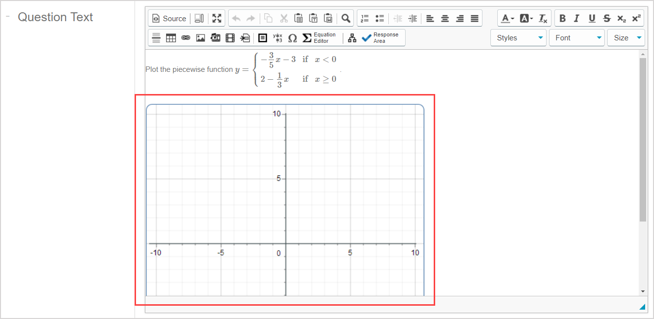 The sketch student response component is shown inserted below the question statement in the Question Text pane of the Question Editor.