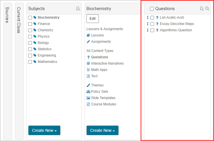 Questions is chosen from the Biochemistry pane, which opens the Questions pane to the right.