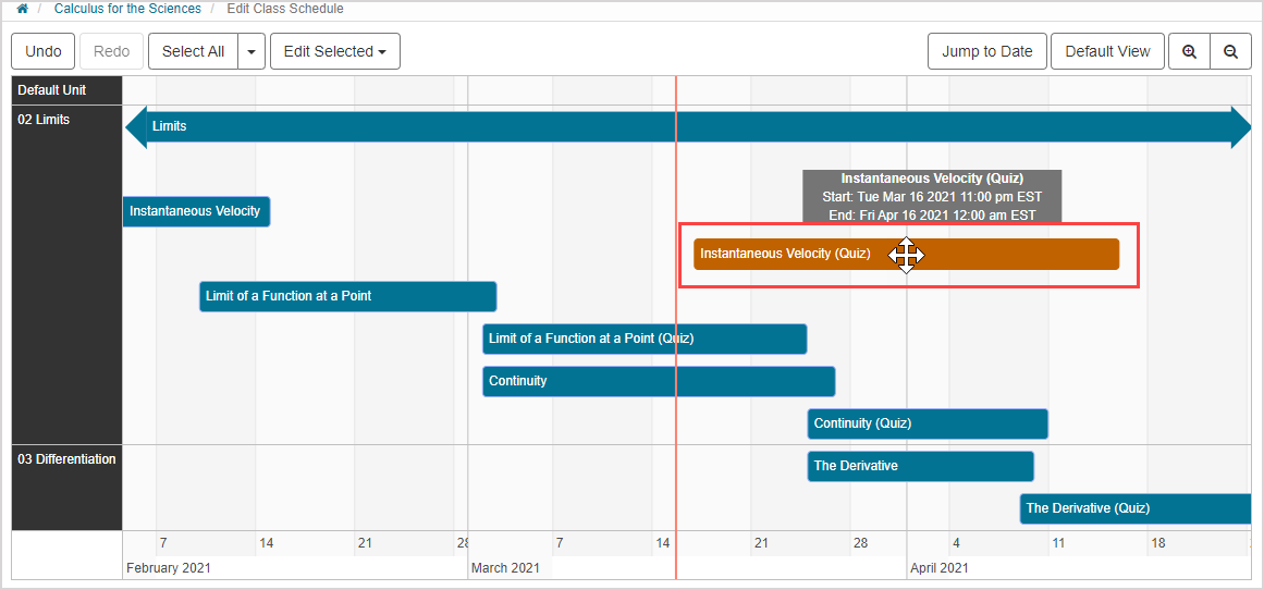 Cursor click and drag on middle of a selected activity shifts start and end dates in Class Schedule.