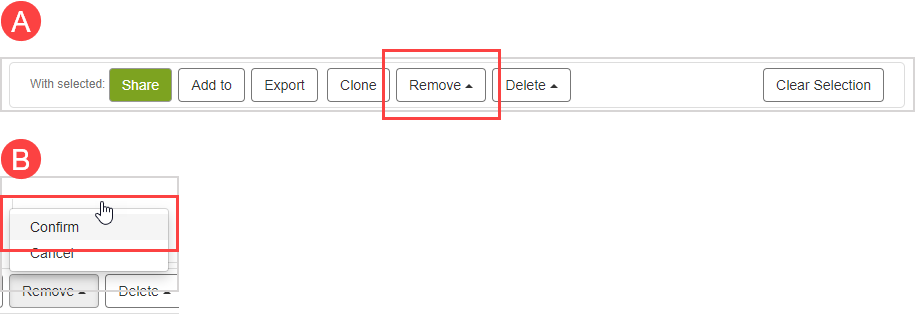 Remove from subject At the bottom of the page, Remove is the fifth button. When clicking on the Remove button, Confirm is highlighted in the popup menu.