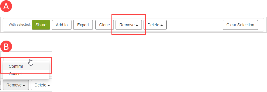 At the bottom of the page, Remove is the fifth button. When clicking on the Remove button, Confirm is highlighted in the popup menu.