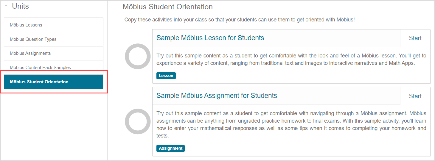 The Mobius student orientation unit is highlighted in the sample course module.