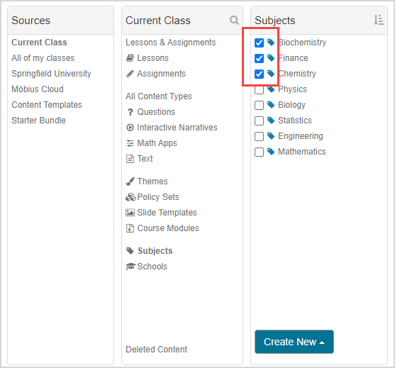 Select Subjects in Current Class In the Subjects pane of the current class, checkboxes next to subject names are checked.