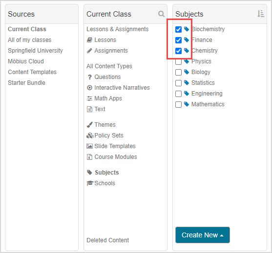 In the Subjects pane of the current class, checkboxes next to subject names are checked.