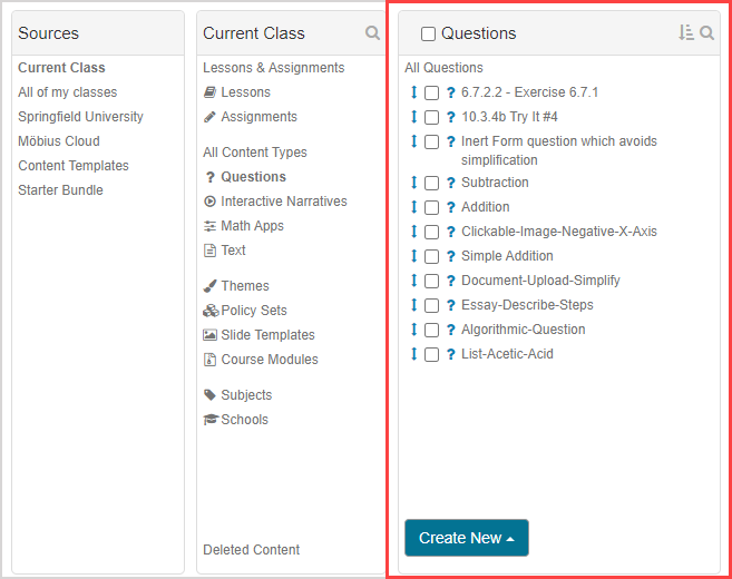 Next to the Current Class pane, the Questions pane is highlighted.