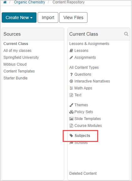 Subjects is the thirteenth option in the Current Class pane.