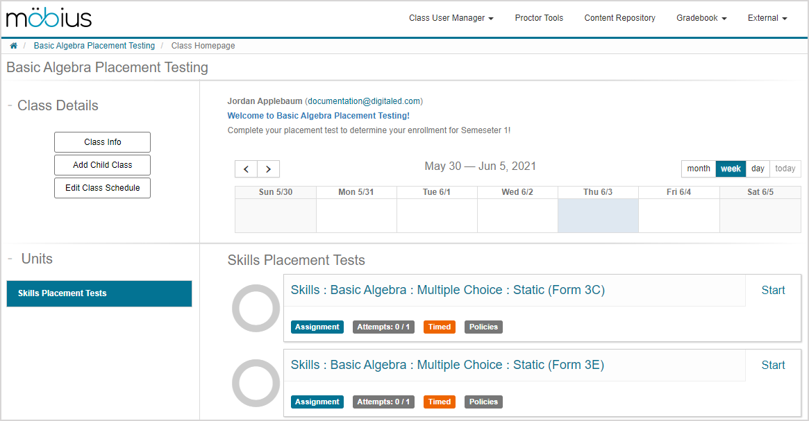 Class Homepage for the placement test class called Basic ALgebra Placement Testing with two visible placement tests.