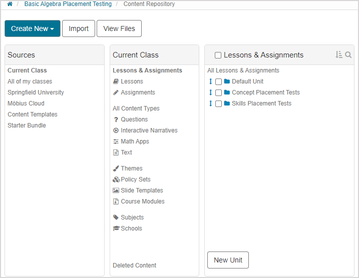 Content Repository of the Basic Algebra Placement Testing class with placement testing units in the units pane.