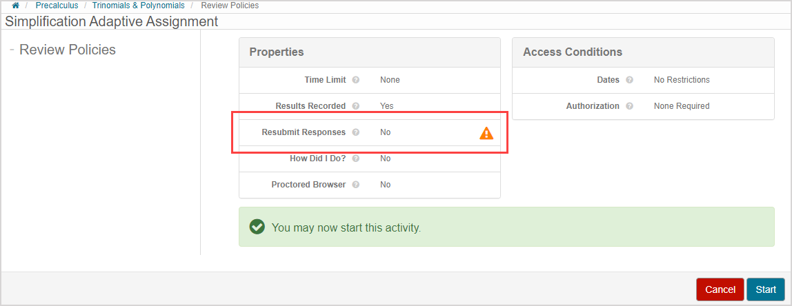 The launch page is shown with "No" in the "Resubmit Responses" field of the Properties section.