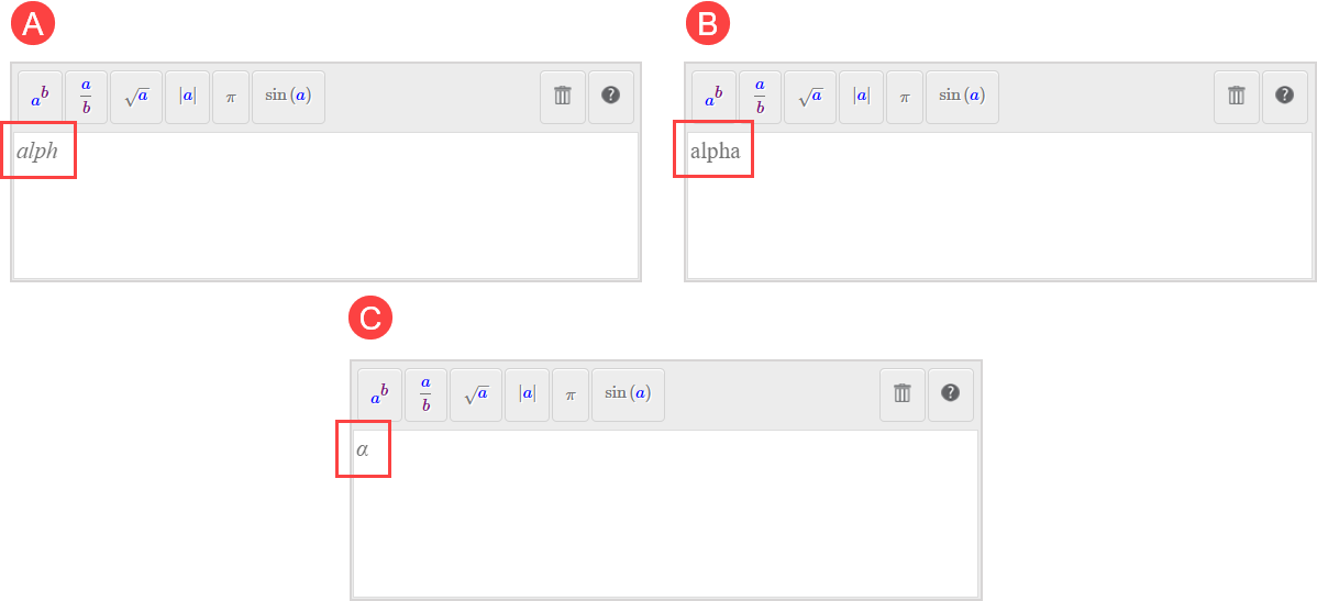 Comparison of three Equation Editor fields. The first field shows "alph" in italics, the second field shows "alpha" in plain text, and the third field shows the alpha symbol inserted.