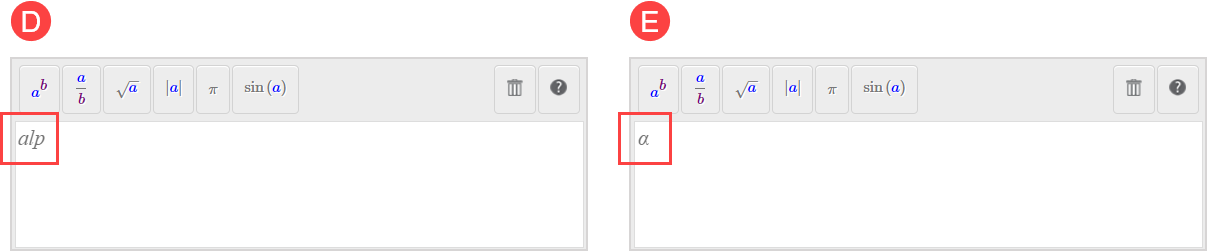 Comparison of two Equation Editor fields. The first field shows "alp" in italics, the second field shows alpha symbol inserted.
