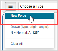 The "New Force" menu option is the first option in the free body diagram hamburger menu.