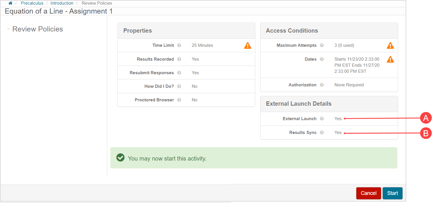 An additional table appears on the launch page called External Launch Details.