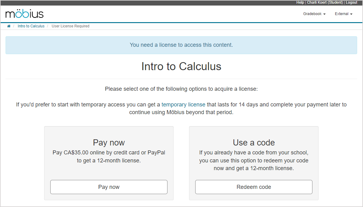 The temporary license, pay now, and  Use a code options are shown to represent this workflow.