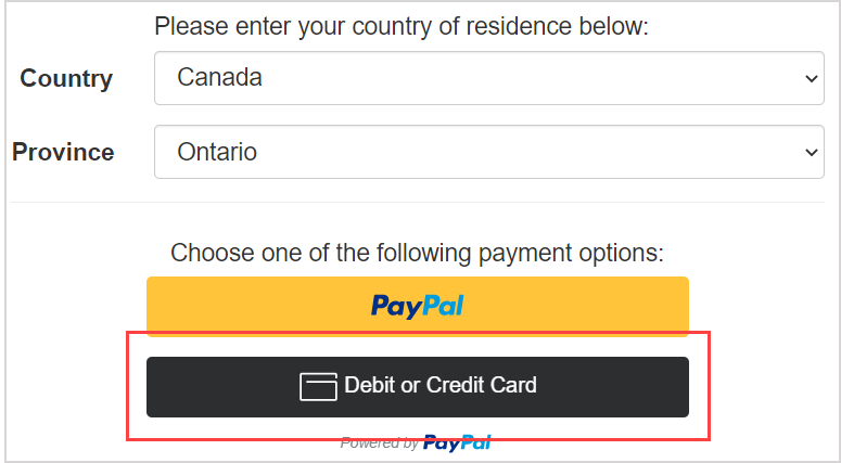The Debit or credit crad option is highlighted below the paypal button.