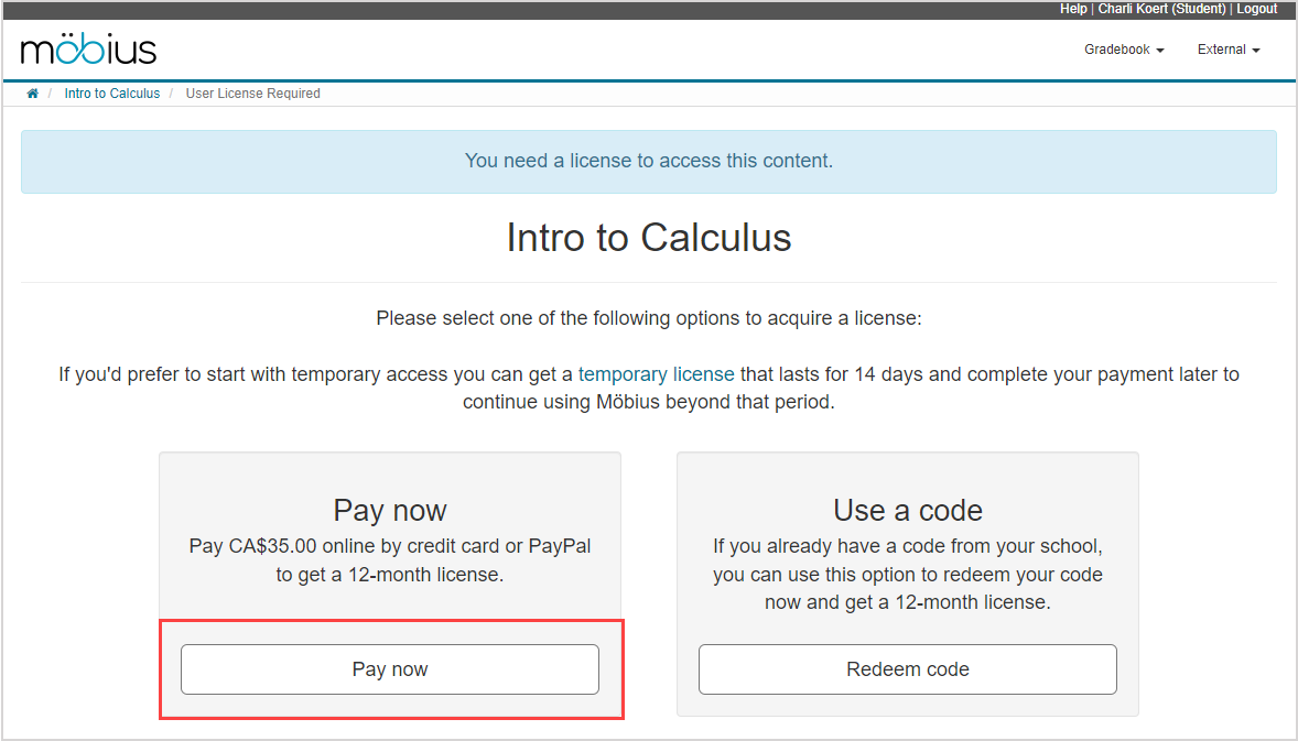 The pay now option is highlighted on the user license required page.