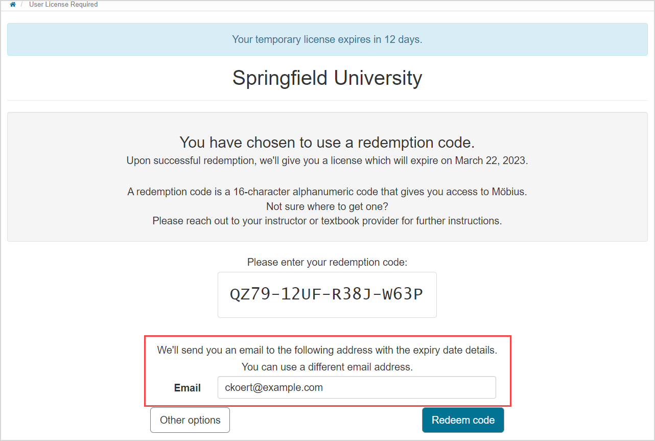 The email field is below the redemption code field.